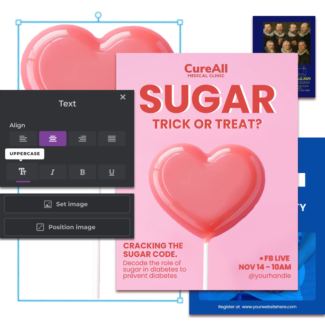 AI-designed CureAll Medical Clinic Facebook Live event poster about decoding sugar's role in diabetes, featuring a pink heart lollipop and 