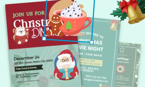 AI-designed Christmas themed posters for a dinner, a movie night, and a general Christmas party invitation with festive illustrations.